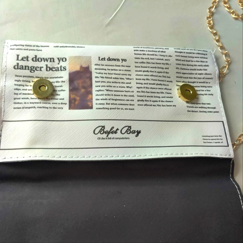 Newspaper Print Flap Crossbody Purse, Clutch, Snap Added Gold Chain New! 8" X 5" - Picture 12 of 17